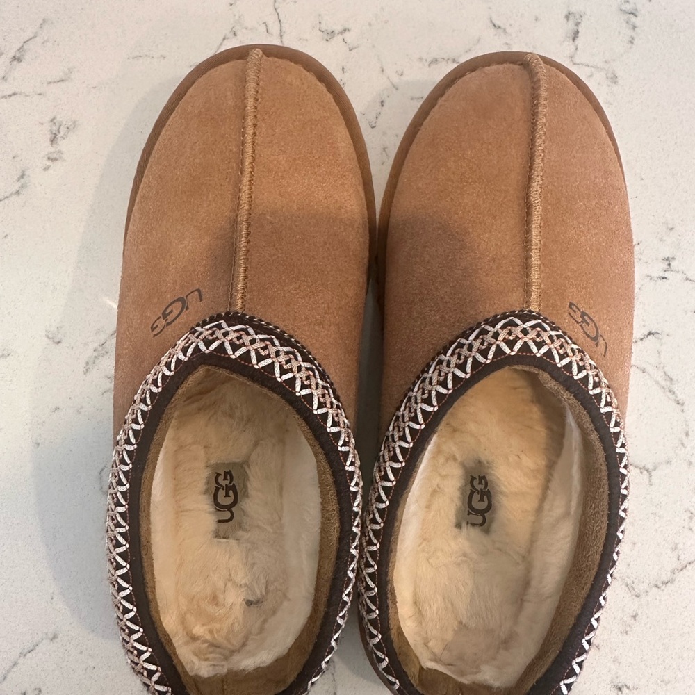 UGG Chestnut Suede Slippers with Patterned Trim